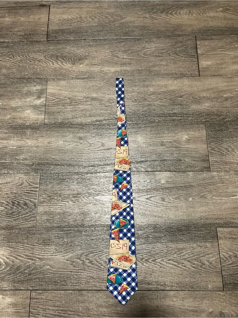 Vintage Save the Children Silk Tie - Blue Gingham Pizza Art by Caitlin (1997)